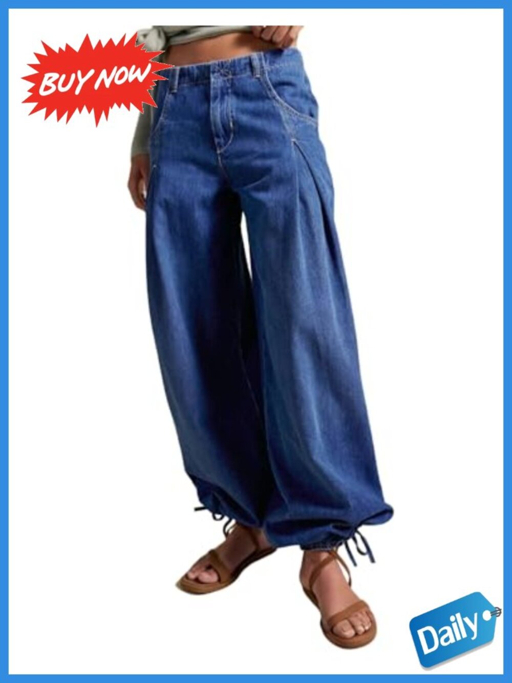Wide Leg Barrel Jeans Mid Rise Ankle Drawstring Baggy Tapered Pleated Denim